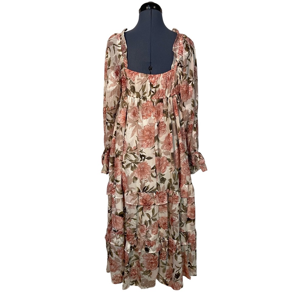 By The River Pink Floral Tiered Ruffle Puff Sleeve Maxi Dress Milkmaid Cottage M